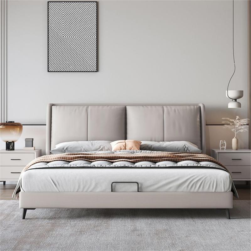 Italiano cama de cuero genuino minimalista moderno dormitorio principal minimalista Internet celebridad diseñador cama doble luz cama de cuero de lujo bolsa suave cama de boda image 5