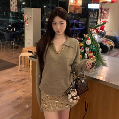 法式V领重工亮片毛衣女装2025新款初秋冬季独特漂亮针织衫上衣服
