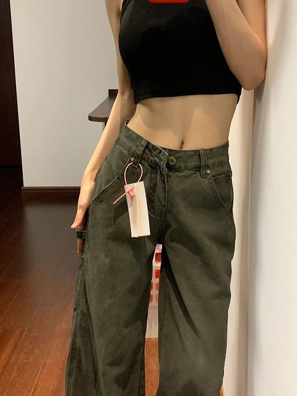 美式复古微喇多口袋珠帆工装牛仔裤女春秋季新款高腰宽松阔腿拖地|undefined