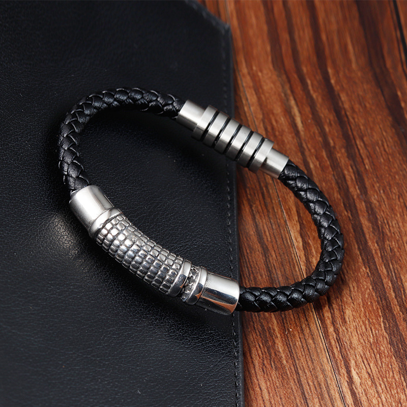 wristband Classification Retro Geometric Pu Leather Titanium Steel Polishing Men's Wristband Men Cord & Leather Bracelets