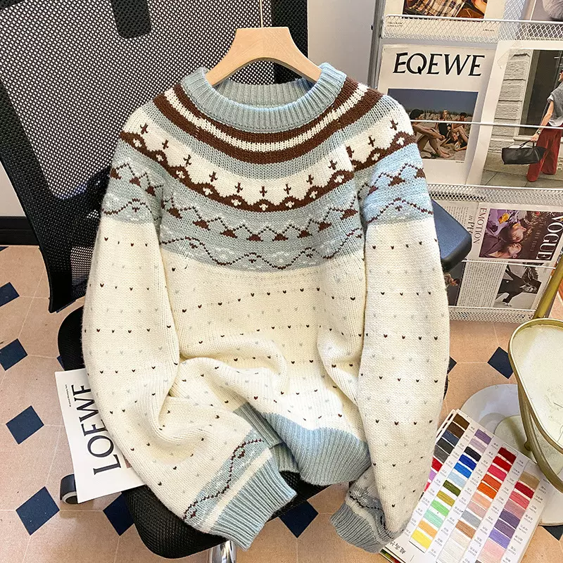 韩系甜美撞色圆领长袖毛衣女秋冬季洋气减龄宽松厚保暖针织上衣