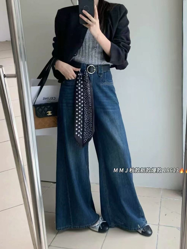 不退换E 66017 巾微喇叭复古水洗百搭宽松休闲阔腿裤牛仔裤女|undefined