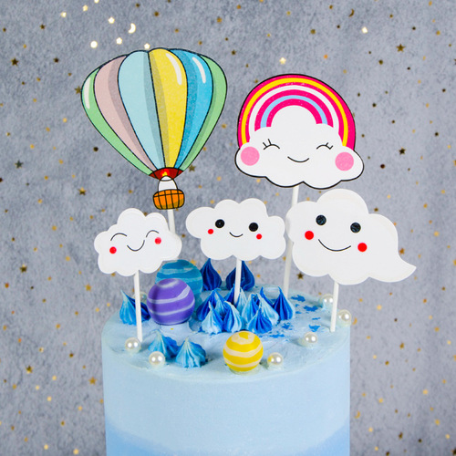 Colorful hot air balloon rainbow cloud birthday cake decoration flag and card party dessert table scene decoration plug-in