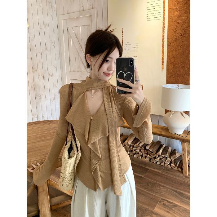 松弛系设计感飘带V领长袖T恤女2025秋季修身时尚休闲显瘦小众上衣|undefined