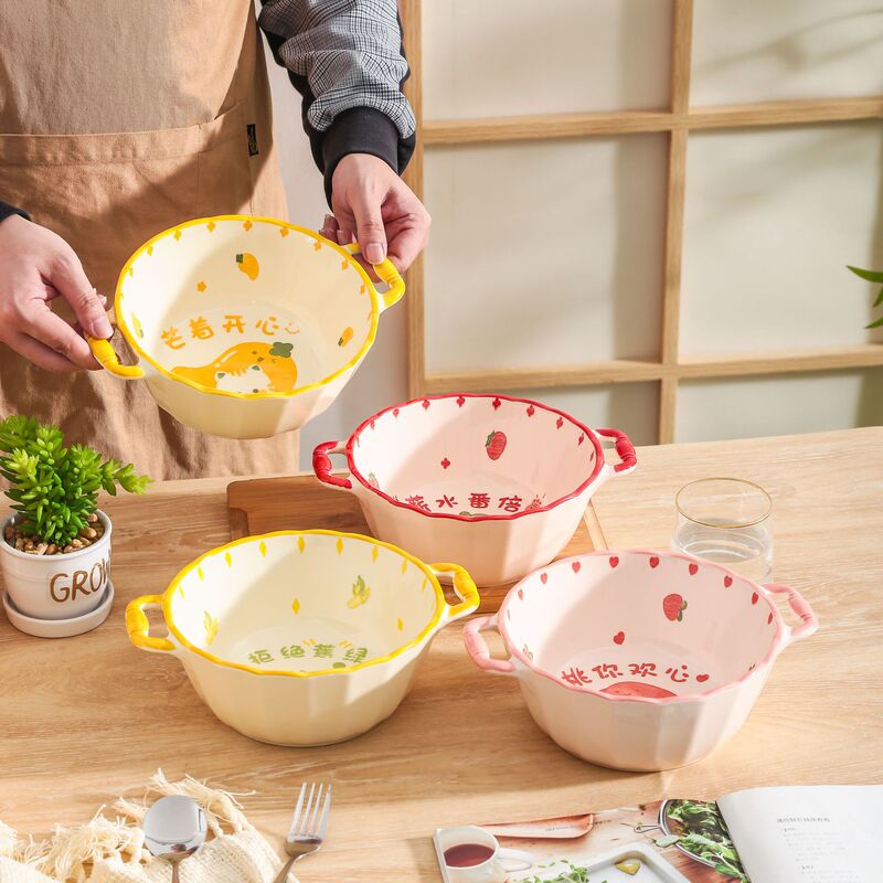Bowl High-looking double-ear bowl household large noodle bowl student dormitory instant noodle bowl soup bowl Chaozhou ceramic tableware wholesale Bowl High-looking double-ear bowl household large noodle bowl student dormitory instant noodle bowl soup bowl Chaozhou ceramic tableware wholesale