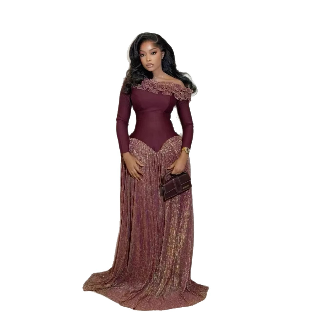 New Spring Retro Luxury Banquet Dress Slimming Long Sleeve Pleated Skirt Women's Fashion Dress_ecoleips.com