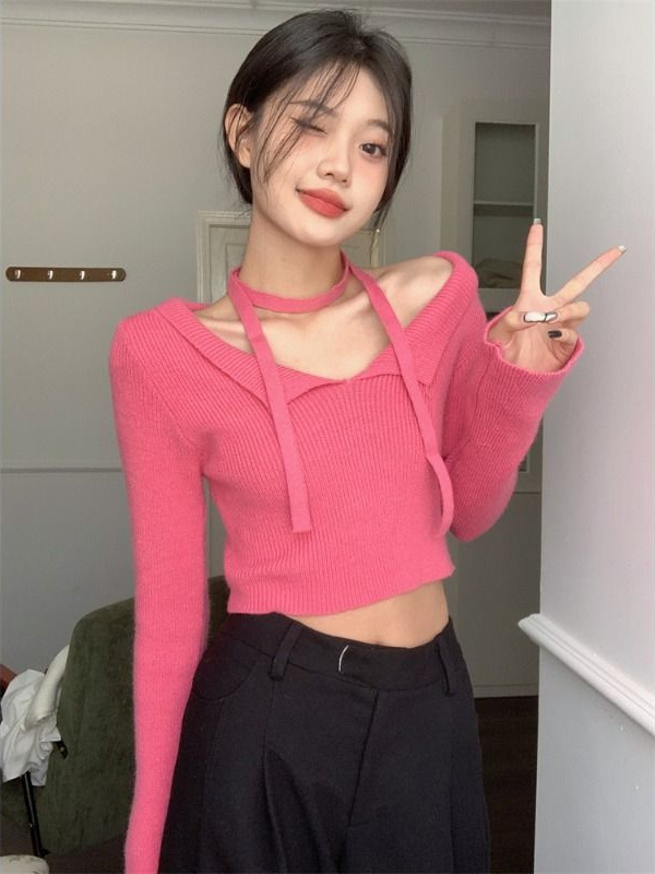 辣妹短款露肩长袖针织衫女秋季纯欲修身显瘦毛衣小众别致洋气上衣|undefined