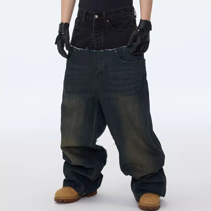Paris-Style Cut-Up Double-Layer Double-Waist Patchwork Washed Vintage Distressed Baggy Wide-Leg Jeans for Men Paris-Style Cut-Up Double-Layer Double-Waist Patchwork Washed Vintage Distressed Baggy Wide-Leg Jeans for Men