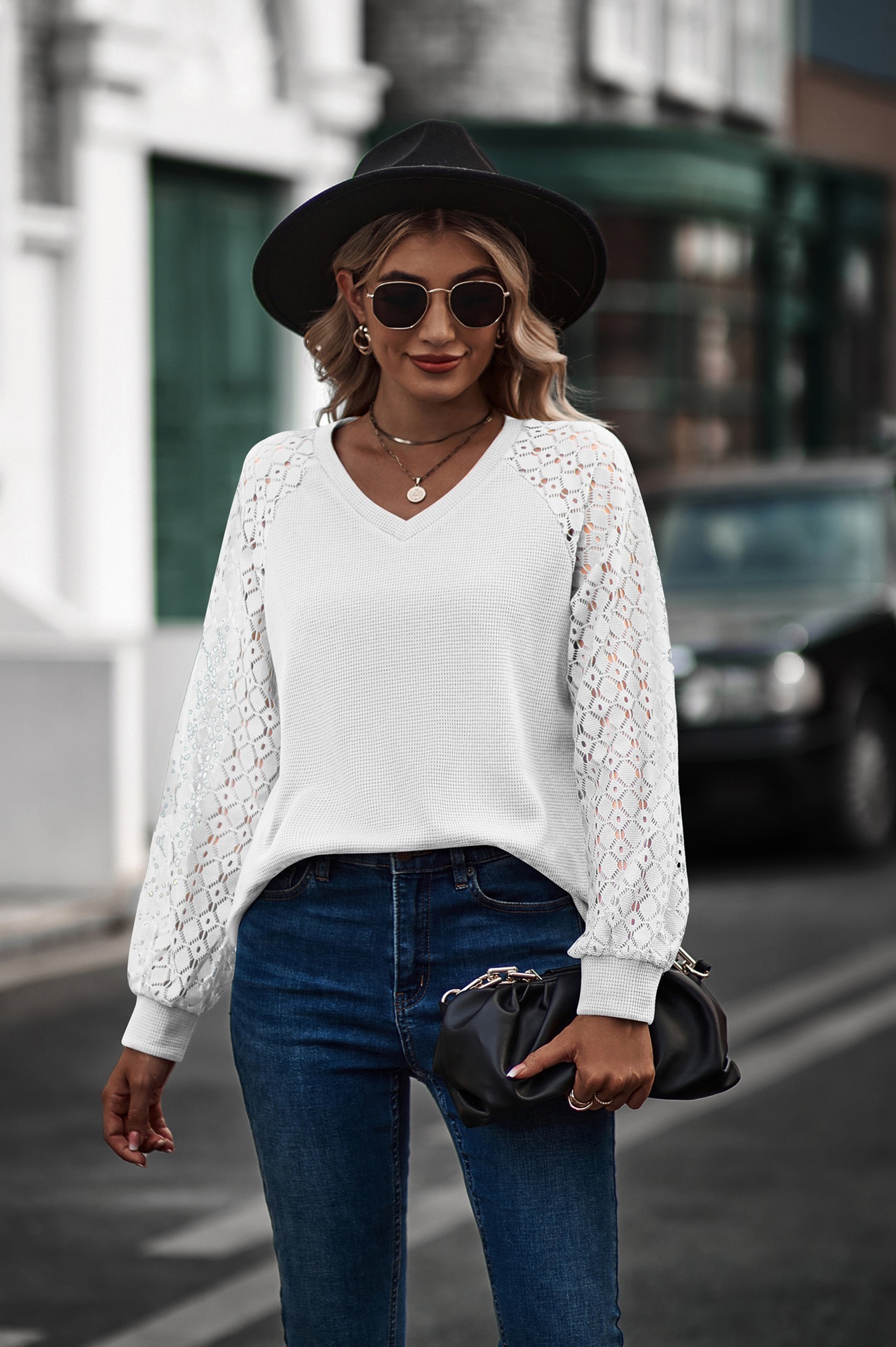 Waffle Lace Puff Sleeve V Neck Long Sleeve Top in Blouses & Shirts