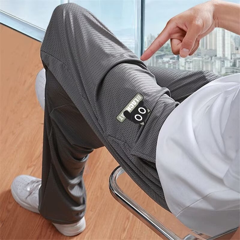 Pantalones casuales delgados de verano, pantalones casuales de hombre, impresión negra, pantalones deportivos rectos de tamaño grande, 2025 nuevos