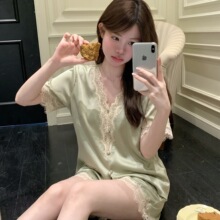 法式精致淡绿色蕾丝花边睡衣女夏季冰丝短袖短裤高级感家居服套装