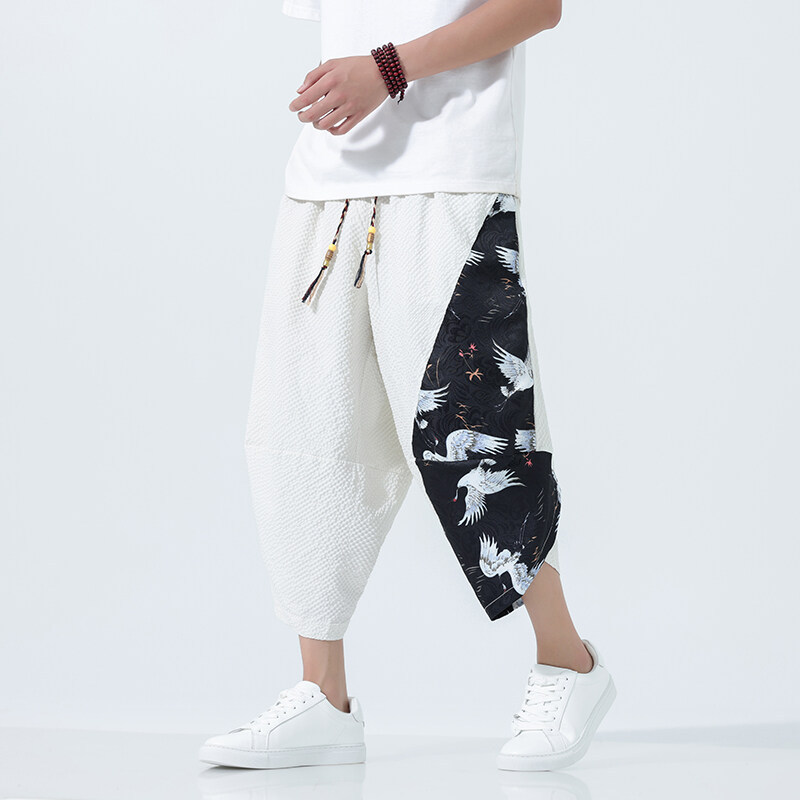 2025 Summer New Style Bubble Grids Chinese Style Men's Trendyy Retro Ethnic Style Ice Silk Quick-Drying Cropped Pants