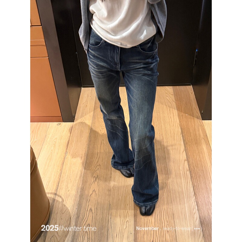 Sunoneone Washed Blue Whiskered Low-Waist Bootcut Jeans for Women in Autumn and Winter Slimming Look Casual Pants