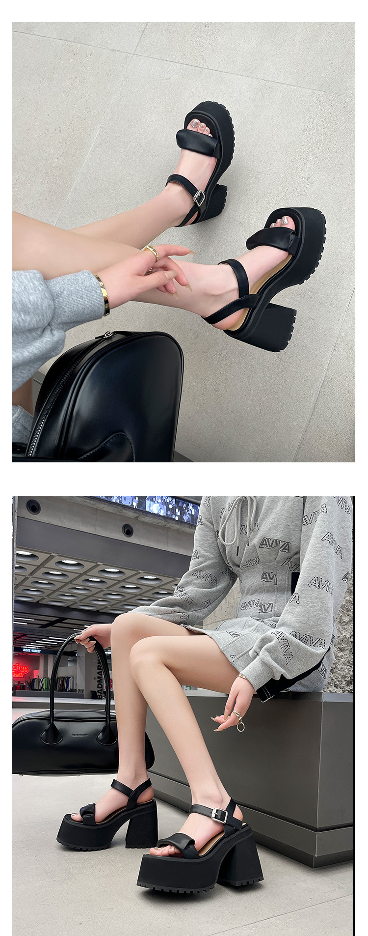 Sandal quai ngang đế dày gót vuông phong cách La Mã, đế platform tăng chiều cao, siêu nhẹ không mỏi chân — Màu đen chi tiết 8