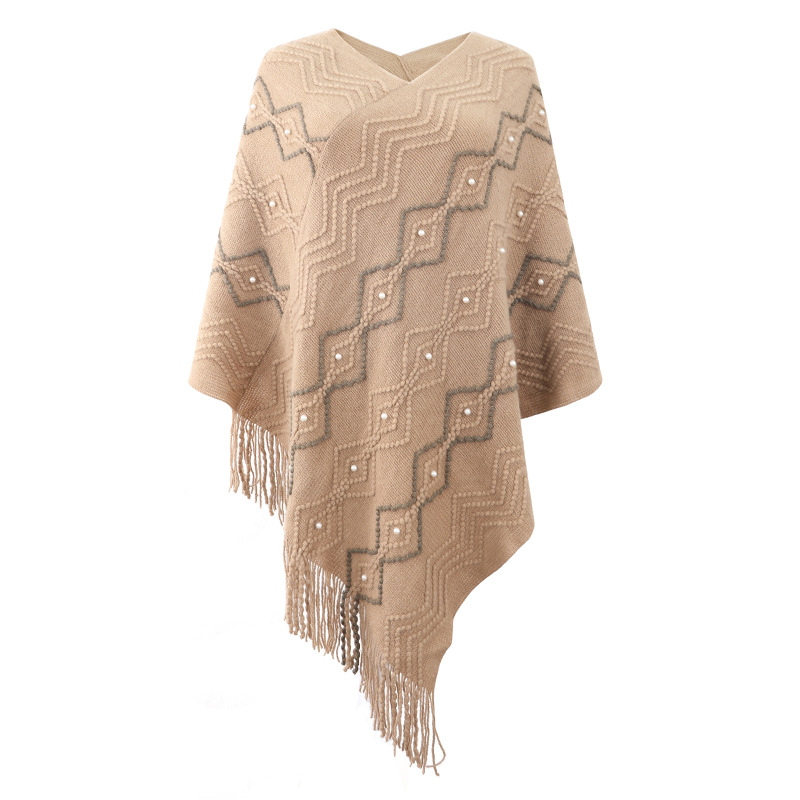 Wavy striped cape fringed shawl coat_voghion.com