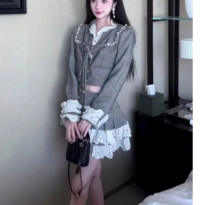 亚马逊速卖通eBay独立站早春新款高定显瘦百搭灰色感小香风套装女|undefined