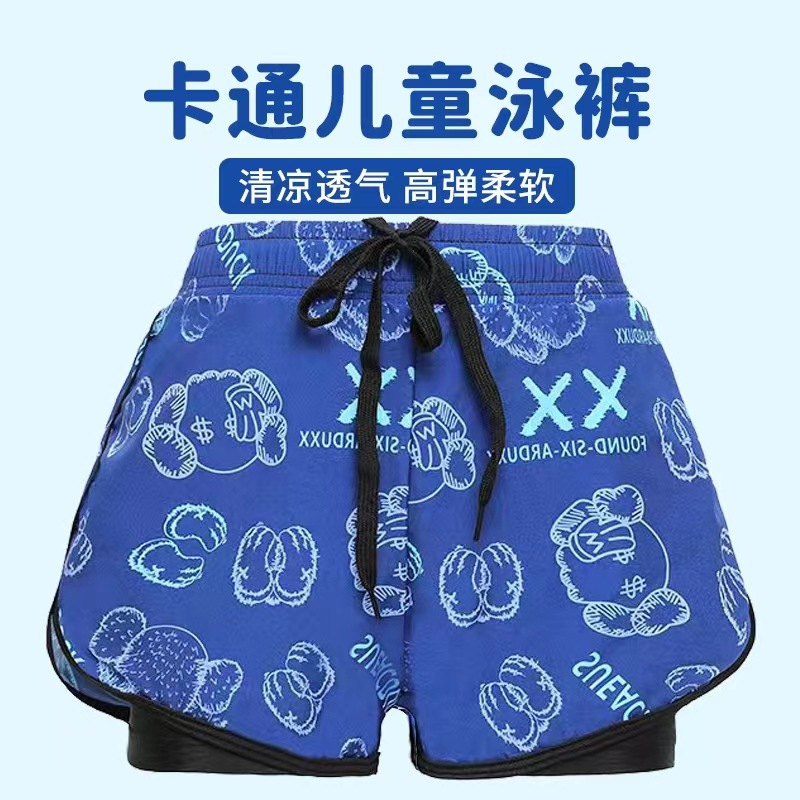 Boys' Cartoon Printed Swimming Trunks with Blue Background, Drawstring, High Elasticity, Soft, Breathable, Anti-Exposure Swim Trunks, Manufacturer Wholesale Supply