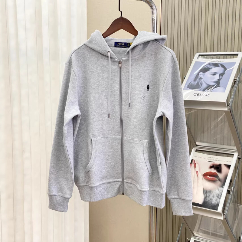 In Stock, High-Quality Rl Pony Embroidery Hooded Zip-Up Sweatshirt Jacket with Complete Three Logos