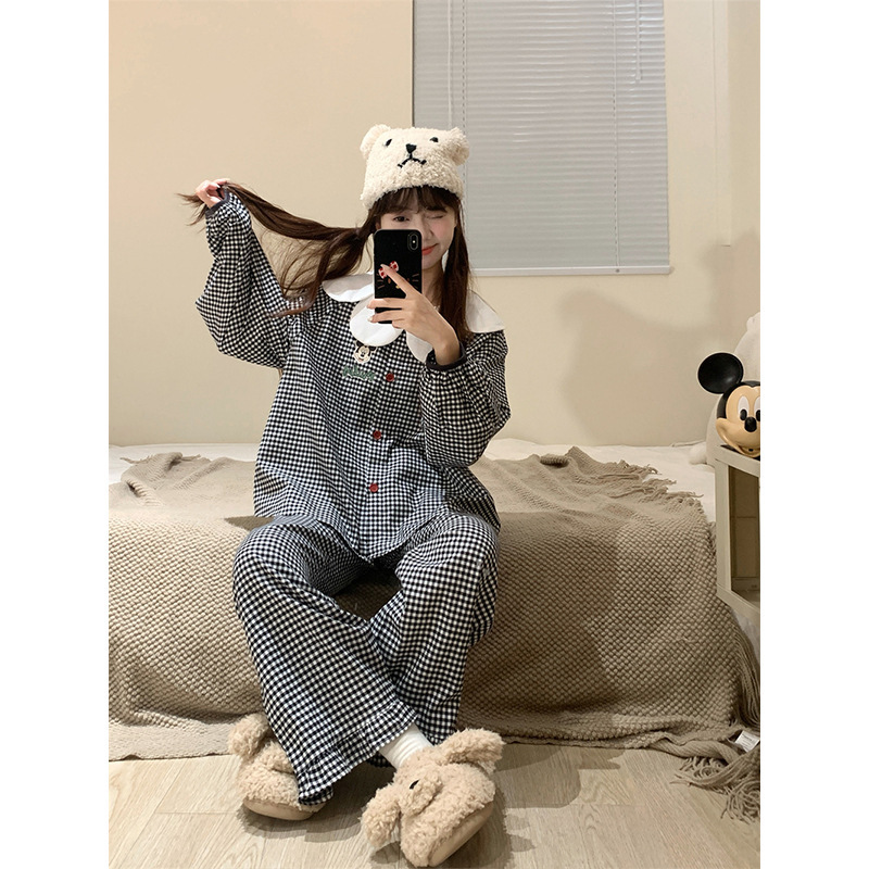 少女可爱娃娃花瓣领长袖睡衣女春秋款2025新款格子长裤居家服套装|undefined