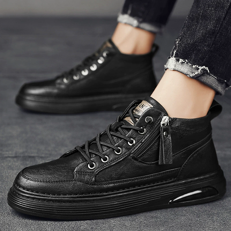 Мужские кроссовки увеличенного размера, весенние, размер 45, спортивные повседневные кроссовки, средняя высота, размер 46, полностью черные, из натуральной кожи, размер 49.