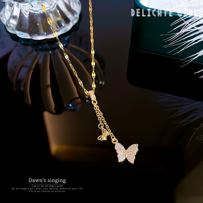 Sweet Butterfly Titanium Steel Plating Inlay Zircon Pendant Necklace 1 Piece