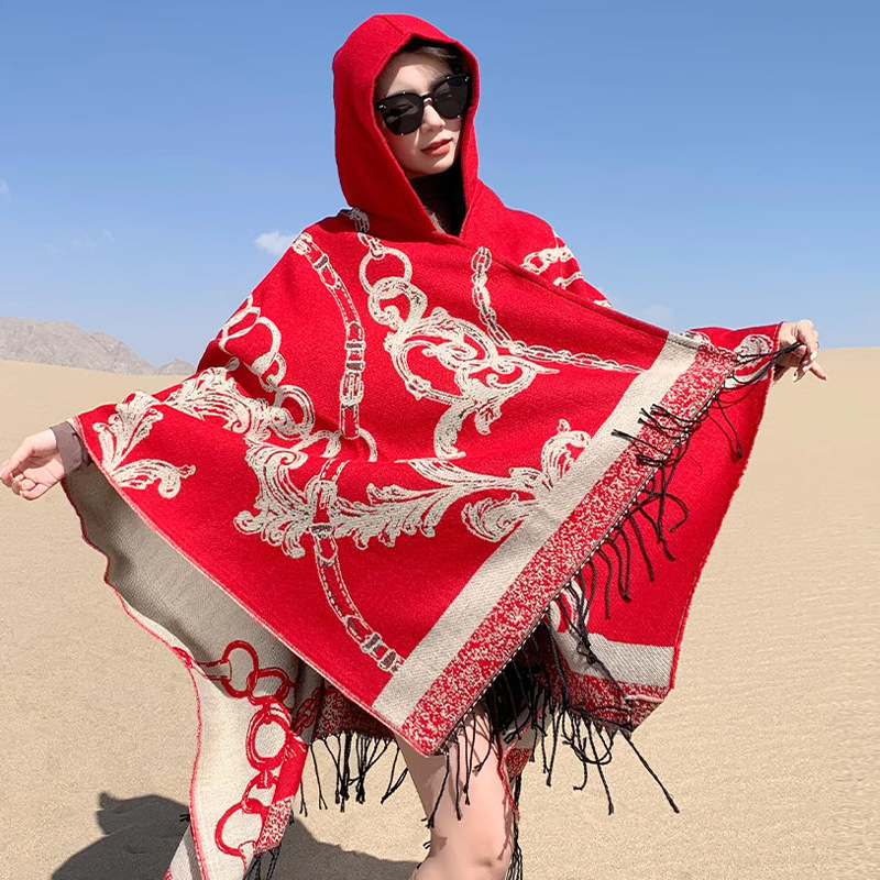 Sombreros de estilo nacional capas de cadena patrón de viaje fotográfico chal cálido a prueba de viento primavera / otoño / invierno moda