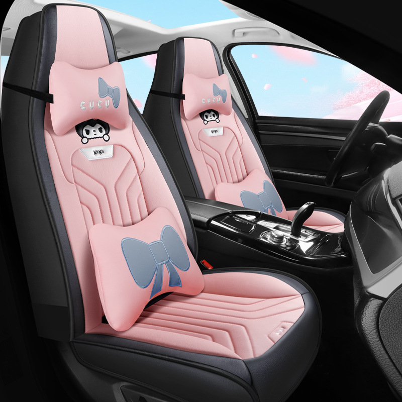 Full Leather Cartoon | Universal Seat cushion, seat cover - deluxe-black-pink-integrated-head
