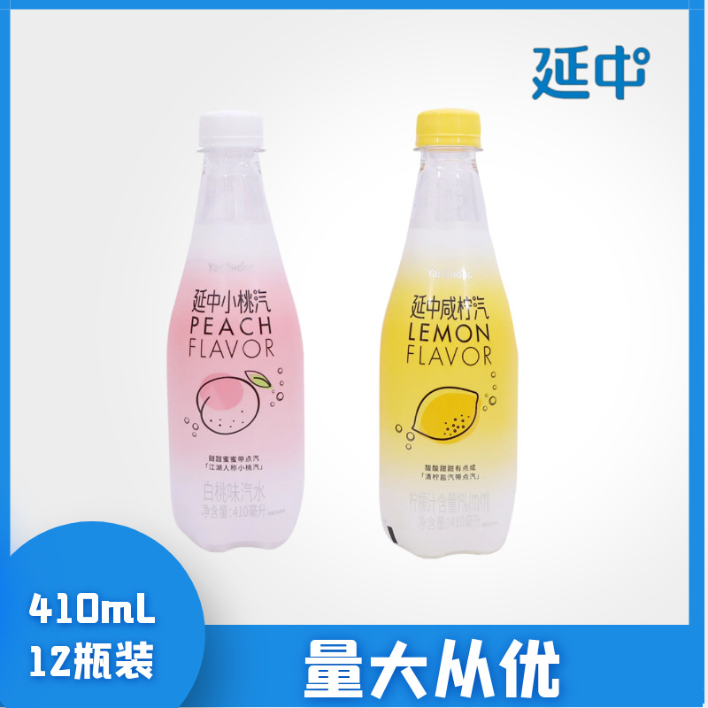 延中小桃汽 咸柠汽休闲汽水 柠檬味盐汽水白桃味盐汽水410ml*12瓶