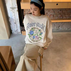 厂家韩国小众26早春rai*美式复古玫瑰花宽松休闲卫衣宽松女上衣