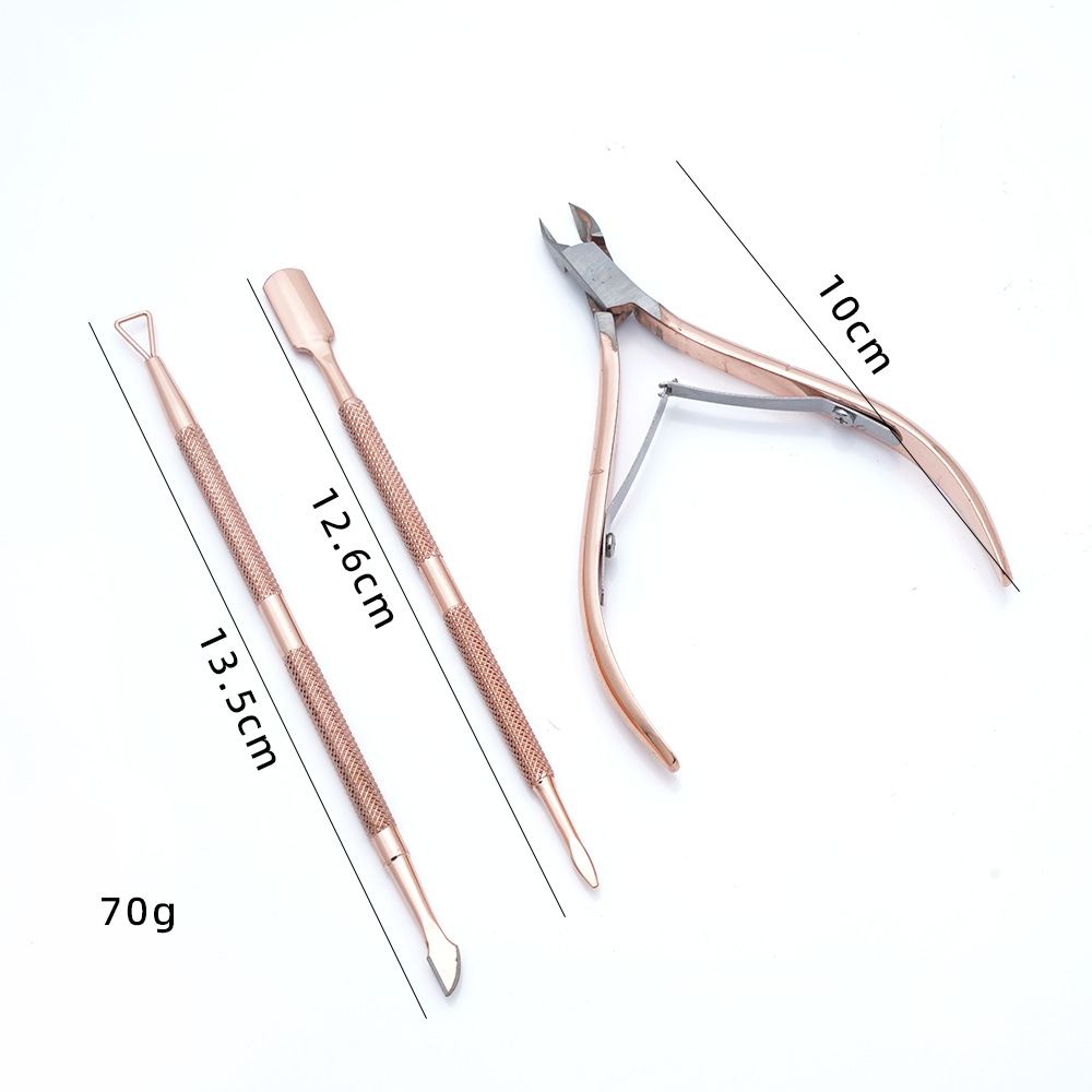 Manicura, manicura, removedor de uñas, juego de tres piezas, corte de piel muerta de acero inoxidable, tamaño, juego de empuje de acero de doble cabezal, fábrica al por mayor