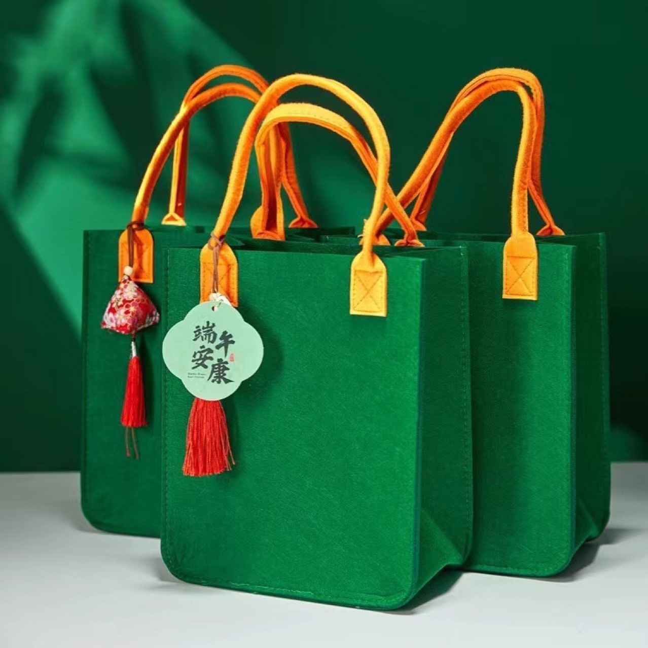 端午节粽子手提毛毡包绿色点心烘焙打包袋创意包装袋绿色毛毡布袋