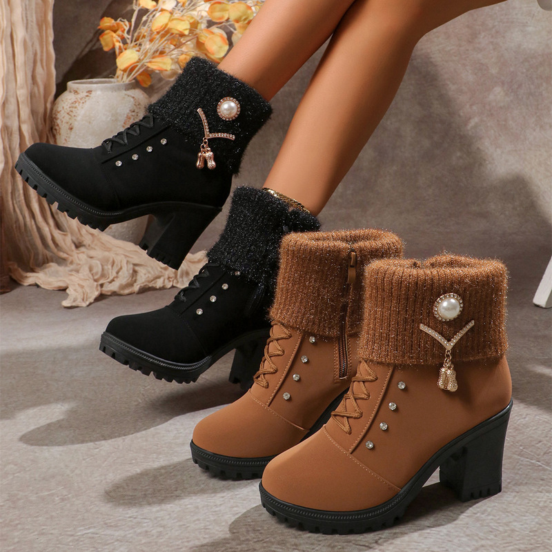 2024 New Autum Women's Boots Rhinestone Woolen High Heels Thick Heels Large Size Fashion Boots Women's Shoes Zipper
