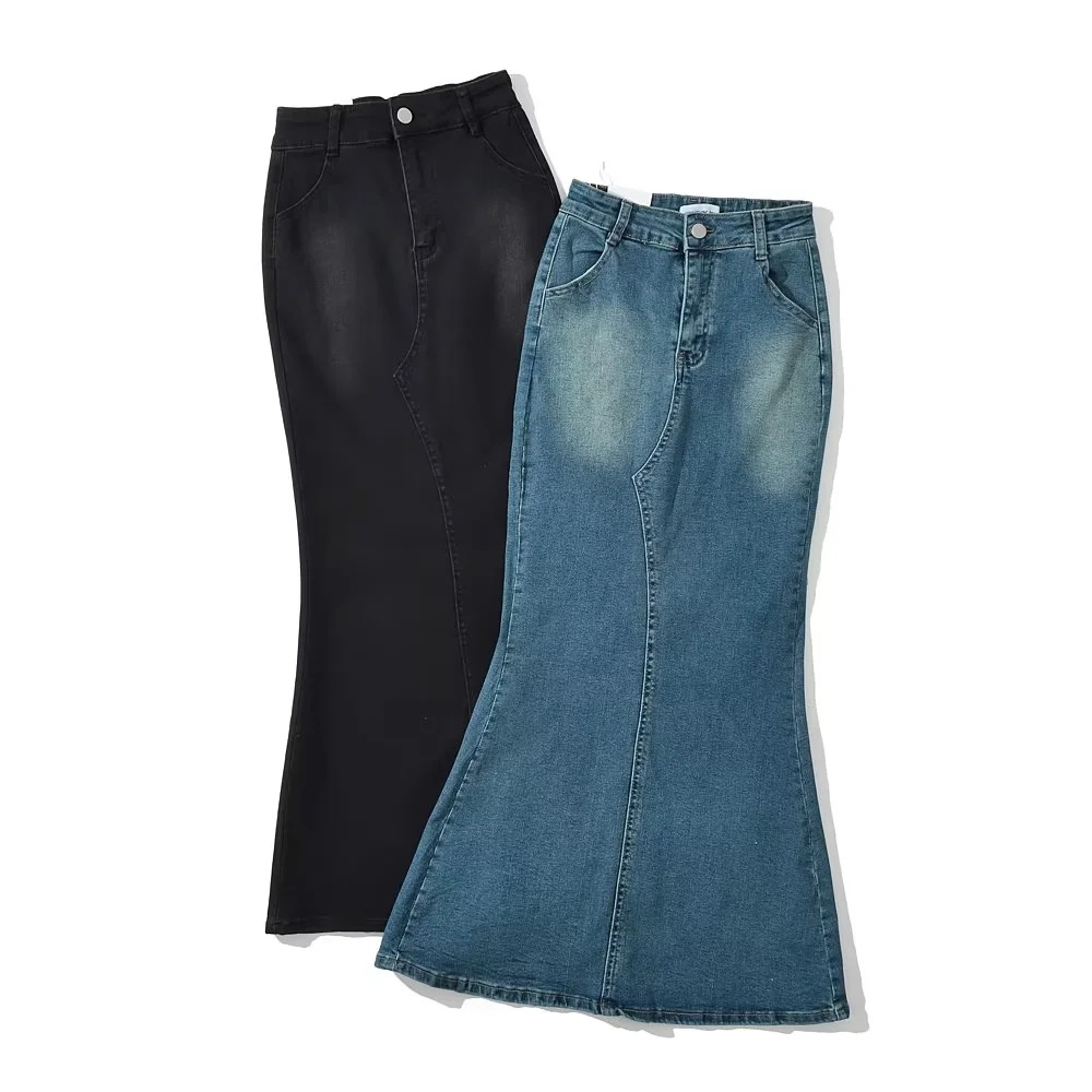 高腰弹力修身牛仔微喇叭鱼尾裙女2023夏季复古后开叉包臀半身裙