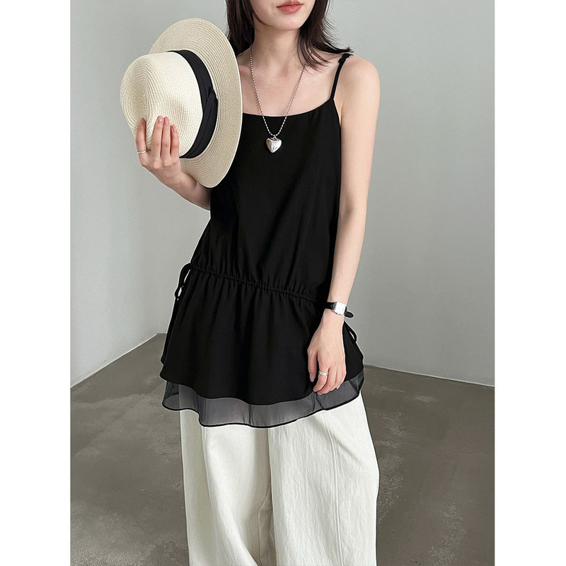 LUXI Design-Savvy Niche Style Tie-Waist Camisole for Women 26 Summer Gentle Mesh Patchwork Top 99022