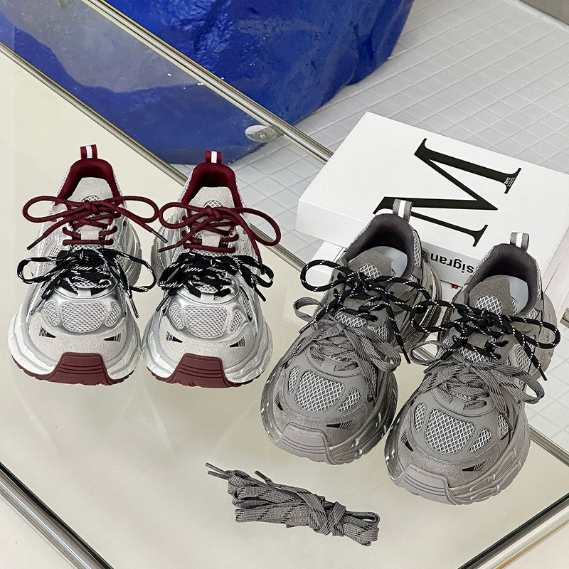 Кожаная обувь папы с толстой подошвой женская 2024 весенняя сетка дышащая спортивная обувь