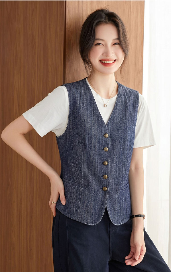 Áo vest denim nữ cổ chữ V phong cách retro, áo khoác mặc ngoài dáng suông dài 50–65 cm — Xanh cổ điển chi tiết 11