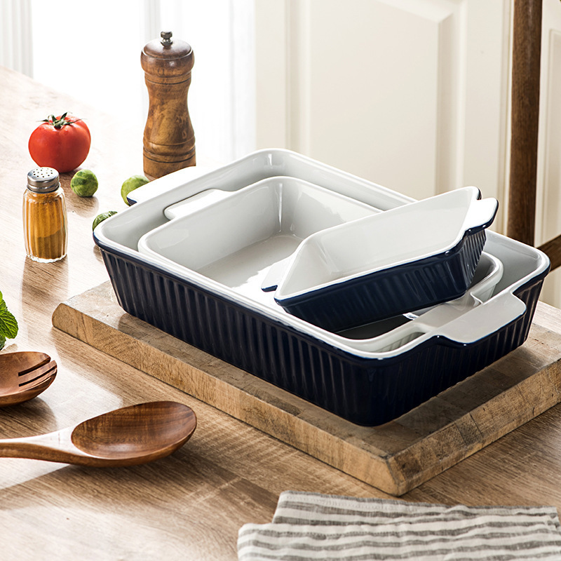 Amazon Ceramic Double-Eared Baking Dish Rectangular Baking Tray Cheese Baked Rice Baking Dish Set Microwave Safe