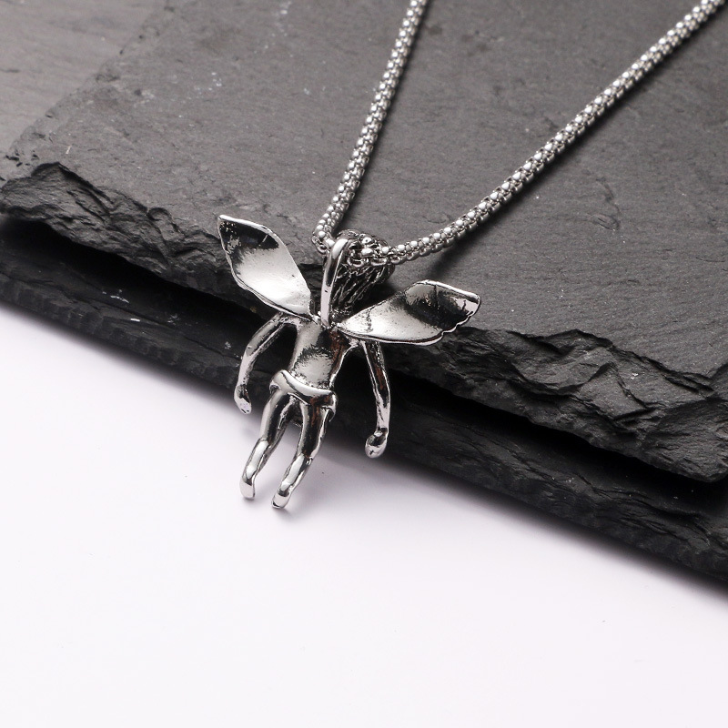 Vintage roestvrijstalen ketting groothandel hiphop engelenvleugels legering hanger trui ketting_voghion.com