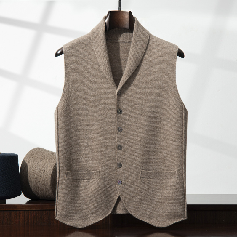 Shawl Collar Men's Loose Casual Solid Color Vest Shoulder Cardigan Jacket Autumn and Winter New V-Neck Cashmere Sleeveless Sweater