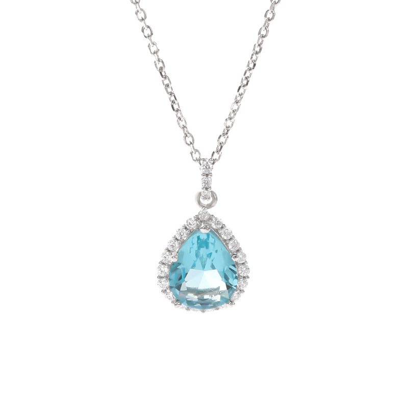 Luz de lujo nicho diseño de alto grado temperamento ZIRCON colgante Cadena de clavícula S925 plata esterlina gota de agua mar azul collar de circonio