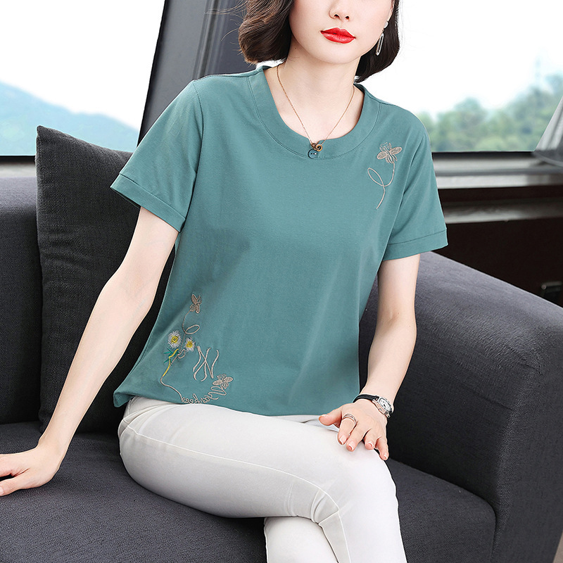 2023 Summer New Round Neck Short-sleeved T-shirt Simple Casual Large Size Embroidered Mother's Belly-covering Pullover Shirt