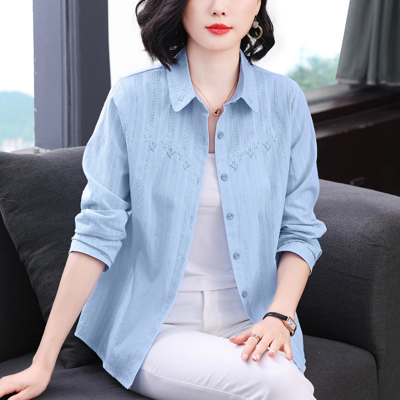 Pure Cotton Long-Sleeved Shirt Women's Tops Plus Size Women's 2025 Autum New Embroidered Lapel Casual Loose Single-Breasted