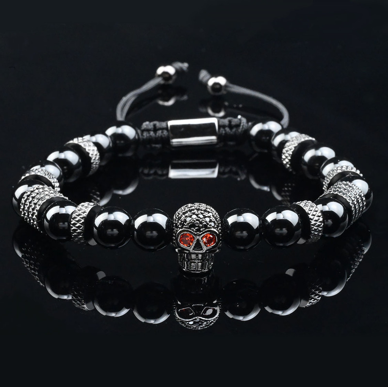European and American Punk Trend Men's Skull Bracelet with Micro-Inlaid Zircon, Adjustable, Glossy Black Natural Stone Woven Jewelry European and American Punk Trend Men's Skull Bracelet with Micro-Inlaid Zircon, Adjustable, Glossy Black Natural Stone Woven Jewelry