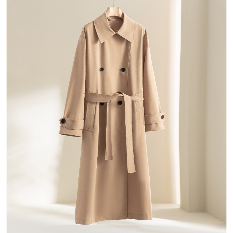 Xiaohe's Same Style Worsted Silk Wool Women's Windbreaker Jacket for Women in Spring and Autum Long High-End Khaki Stand Collar