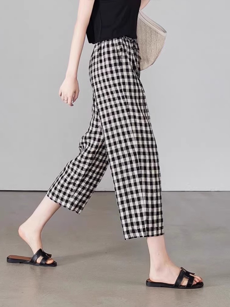 Quần ống thẳng kẻ sọc chín điểm dáng người nhỏ cotton mùa hè mỏng giản dị quần ống thẳng kẻ sọc tám điểm A5225 — Caro đen trắng chi tiết 1
