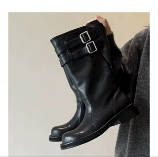 25年新品女式靴子真皮皮带骑士女靴圆头中筒粗跟流行秋冬新款增高