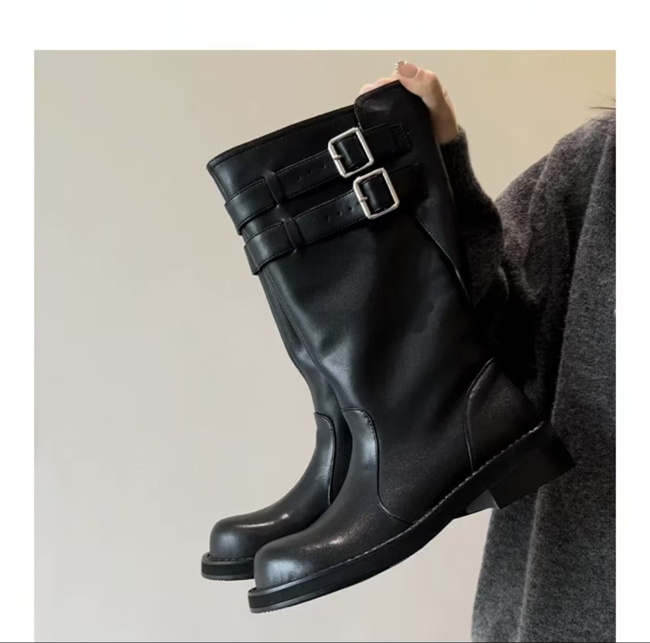 25年新品女式靴子真皮皮带骑士女靴圆头中筒粗跟流行秋冬新款增高