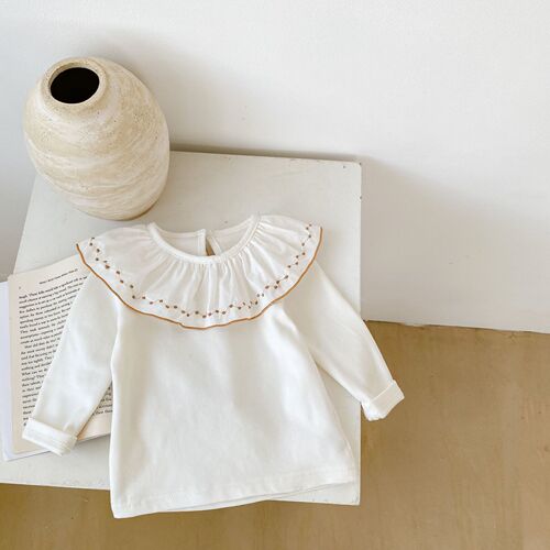 Infant and child T-shirt  autumn new style baby girl embroidered lotus leaf collar bottoming shirt top white versatile style