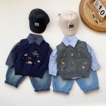 ins婴幼儿童男童跨境毛线背心春秋新款洋气休闲刺绣针织马甲潮