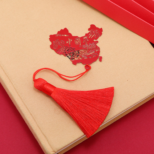 Red Chinese Dream Chinese Map Bookmark Paper Cut Patriotic Tassel Pendant Metal Hollow Classic Pendant Gift